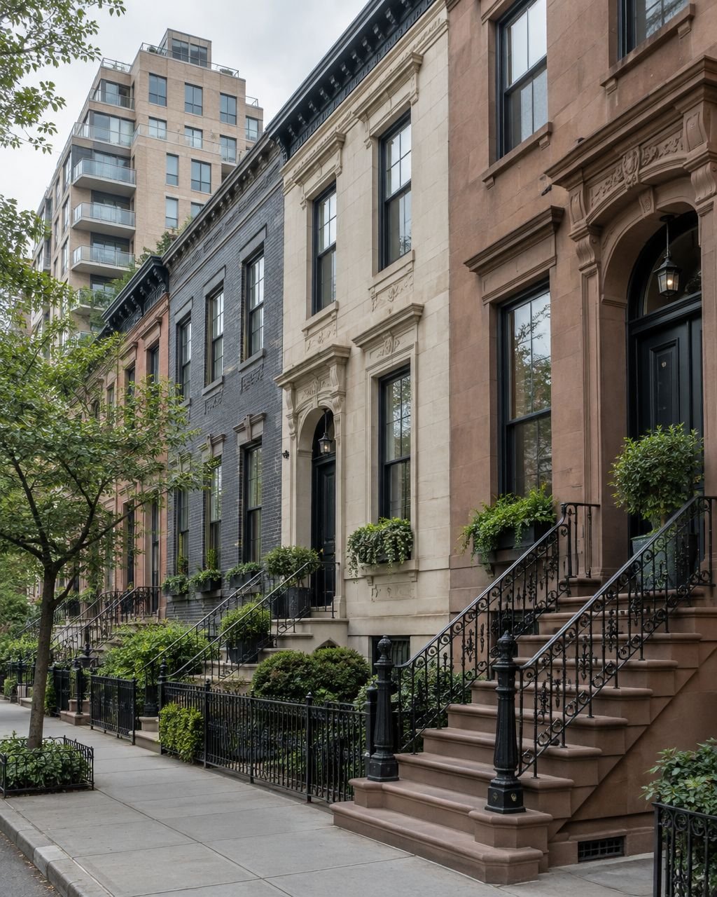 Illustrative New York brownstone streetscape with an apartment building in the background