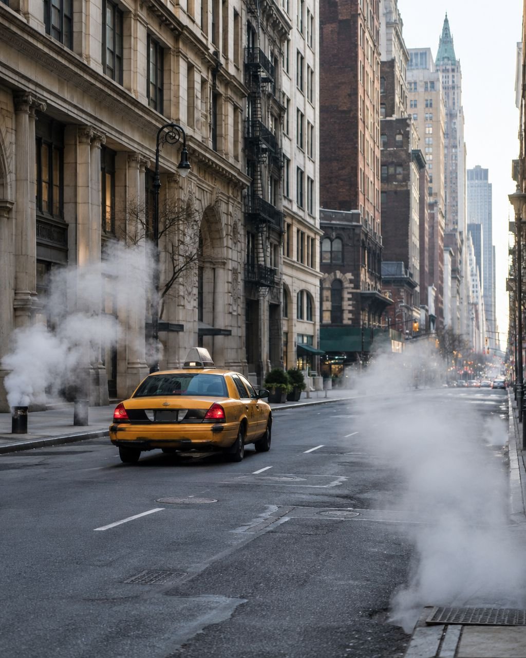Illustration of an older yellow NYC taxi driving down a steam-filled Manhattan block